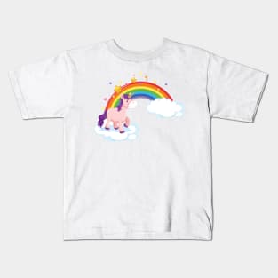 Pink Unicorn standing on cloud with rainbow Kids T-Shirt